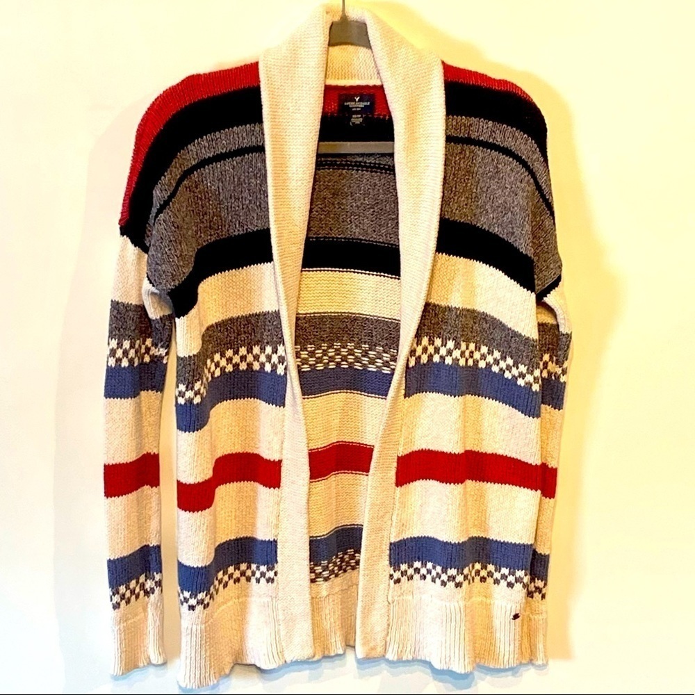 American Eagle Striped Knit Open Cardigan Sweater - Cream Black Grey Blue Red XS
